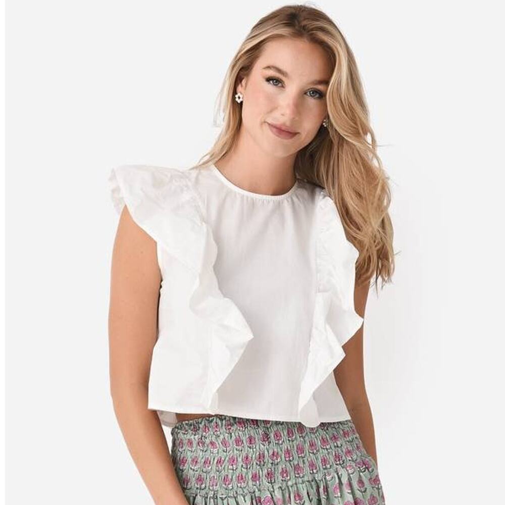 DELUC Coma White Cotton Blouse Top M NWT Ruffle Sleeve Boho Chic Quiet Luxury